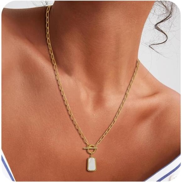 18K Gold-Plated White Seashell Pendant Necklace | OT Buckle Long Plate Design - Picture 4 of 4